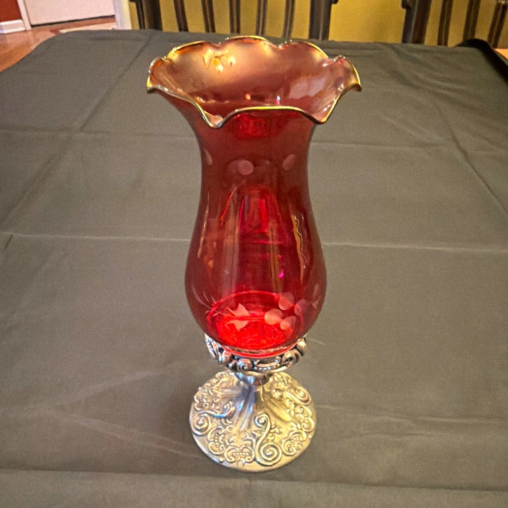 Godinger Red Glass Floral Vase, Scalloped Rim, Etched Design, Silver Base
